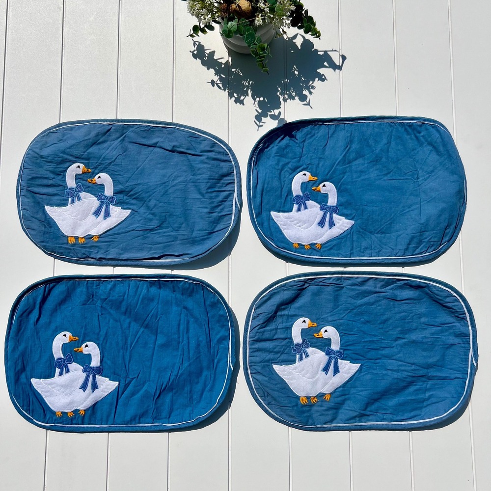 Vintage Handmade Geese with Bows Blue Placemats | Set of 4